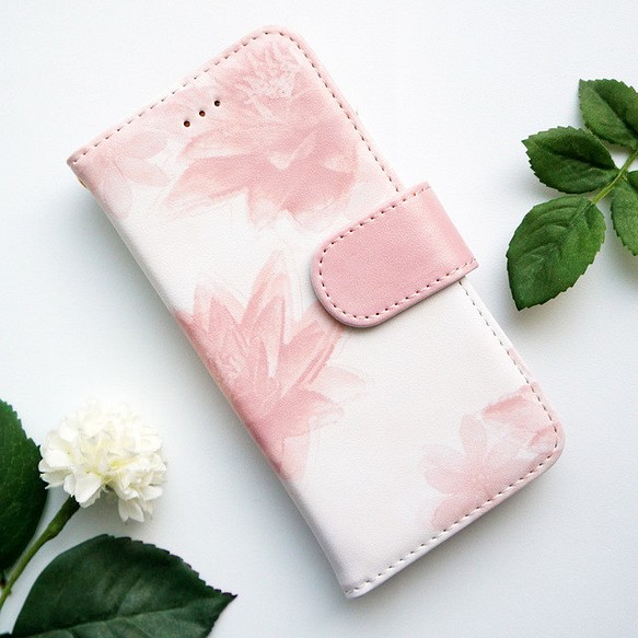 [筆記本類型]與每種型號保護套兼容的蓮花粉紅色花朵水彩味紡織品&lt;智能手機套/ iPhone保護套&gt; 第1張的照片