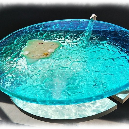 【ガラスサイドテーブル】南国の島と海の揺らぎ。映った水面も美しい♪　レジンアート
