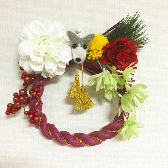 【一点物】『花しめ縄（イタリアングレイハウンド）』お正月飾りお正月リースしめ飾り 1枚目の画像