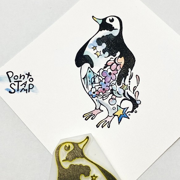 ★再販★【新作】消しゴムはんこ【流れ星を纏うペンギン】