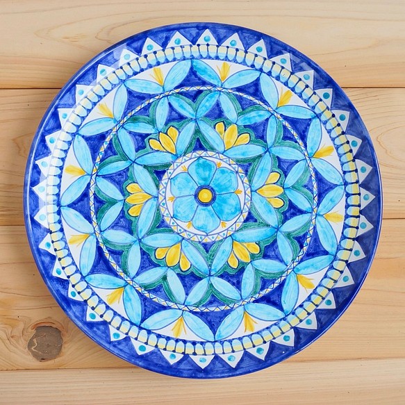 絵皿 26cm GEO015 マヨリカ焼き イタリア陶器 青いお皿 幾何学模様