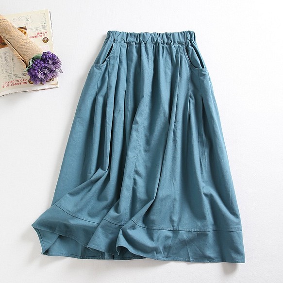 f52306　年中活躍できる綿麻スカート　ロングカラースカート　ポケット付き 1枚目の画像