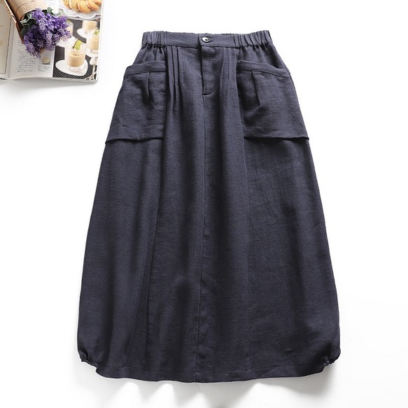 f8050816 　紺色　綿麻　ポケット付き　スカート　ロングスカート 1枚目の画像