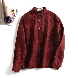 1001-2オリジナル　天然麻の織り生地　チェック柄　年中着れる長袖シャツ 1枚目の画像