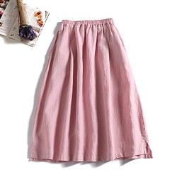 風合いを楽しむ　リネン100％ロングスカート　ピンク　190705-１ 1枚目の画像