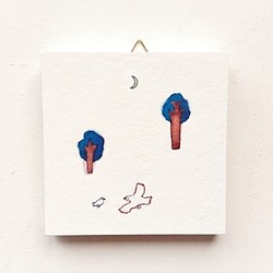 アートパネル「おしゃべりな夜」原画　水彩　イラスト　鳥 1枚目の画像