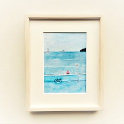 原画「穏やかな海で」水彩イラスト  ※木製額縁入り 1枚目の画像