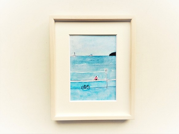 原画「穏やかな海で」水彩イラスト  ※木製額縁入り 1枚目の画像