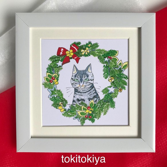 クリスマスイラスト きじ猫ぐうと赤リボンのクリスマスリースイラスト 14 角の額入り ラッピング付き 送料無料 その他インテリア雑貨 季季屋tokitokiya Egnet 通販 Creema クリーマ ハンドメイド 手作り クラフト作品の販売サイト