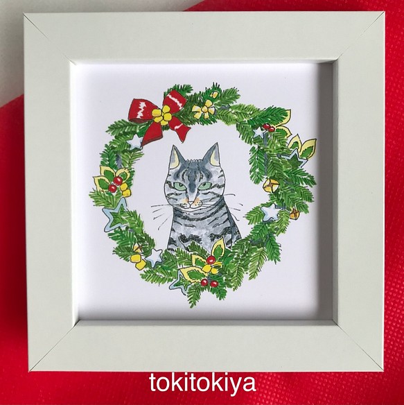 少し小さめクリスマスイラスト きじ猫ぐうと赤リボンのクリスマスリースイラスト 11 角の額入り ラッピング付き 送料無料 その他インテリア雑貨 季季屋tokitokiya Egnet 通販 Creema クリーマ ハンドメイド 手作り クラフト作品の販売サイト