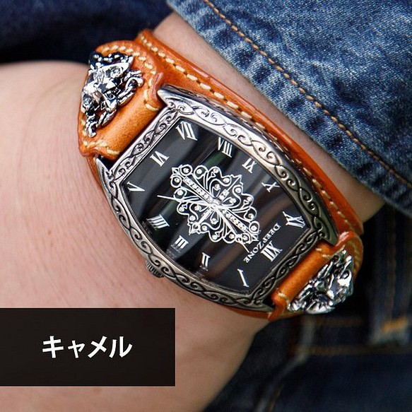 超定番 メンズ腕時計 ランキング第1位 送料無料 イタリアレザーブレスウォッチ キャメル色 アラベスク模様