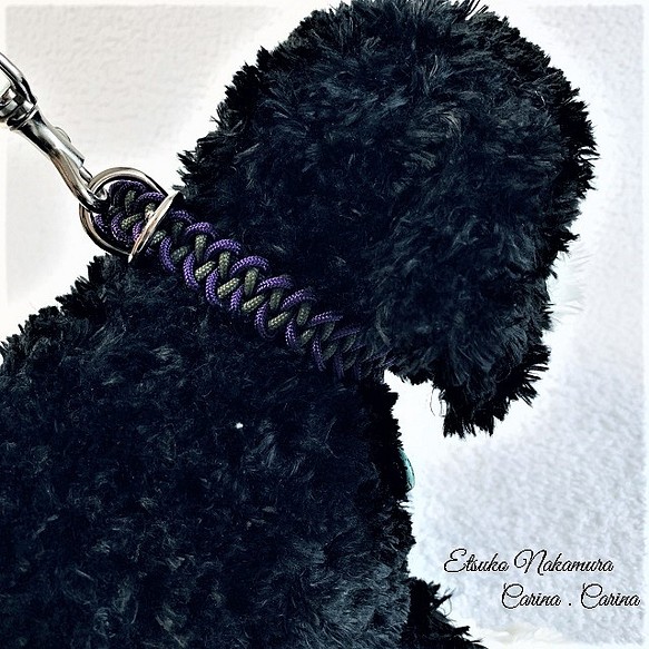 パラコードマクラメ編みNo13 紫・オリーブ色の小型犬リード 1枚目の画像