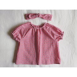 [出售]短袖襯衫罩衫+發帶（格子紅色）（90size） 第1張的照片