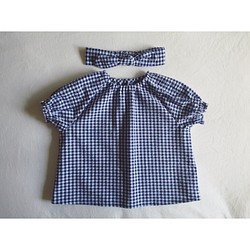 [出售]短袖襯衫罩衫+發帶（格子海軍藍）（90size） 第1張的照片