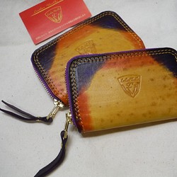 ラウンドファスナー ミニ財布　スペシャルカラー染色　馬革×牛革タンニンレザー 1枚目の画像