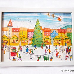 A4イラスト　クリスマスマーケット　※一部手描き入れ、白フレーム付き　 1枚目の画像