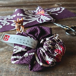 着物風和柄シュシュ⦿大輪菊⦿小豆紫 1枚目の画像