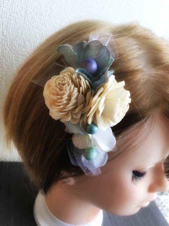 ソーラーローズのサムシングブルー髪飾り【造花】ウェディング・成人式などの着物に！ 1枚目の画像