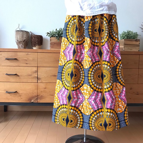 ＜Sweet African＞アフリカ生地のgather long skirt＜Pink×Orange Luxury＞ 1枚目の画像