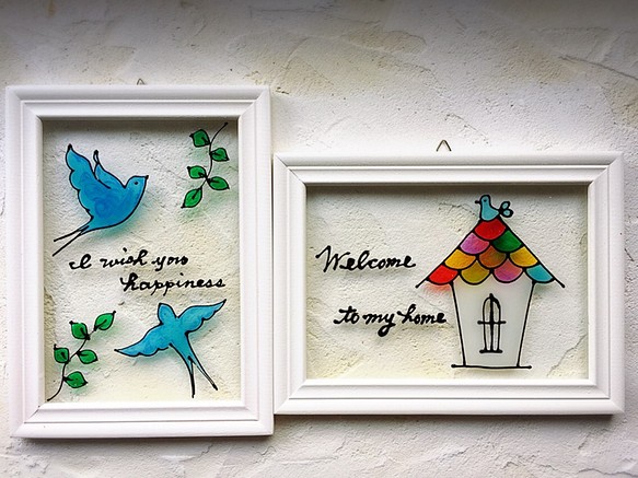 SALE!!2枚セット AMAMグラスアートフレーム［幸せの青い鳥&風見鶏の家ホワイト] 1枚目の画像