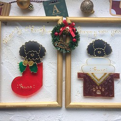 送料無料 グラスアートフレーム 戌年 鏡餅&クリスマスブーツ セット 受注製作 プードル 1枚目の画像