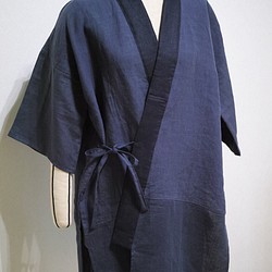 リネン製・着物風作務衣シャツ上着（ブルー） 1枚目の画像