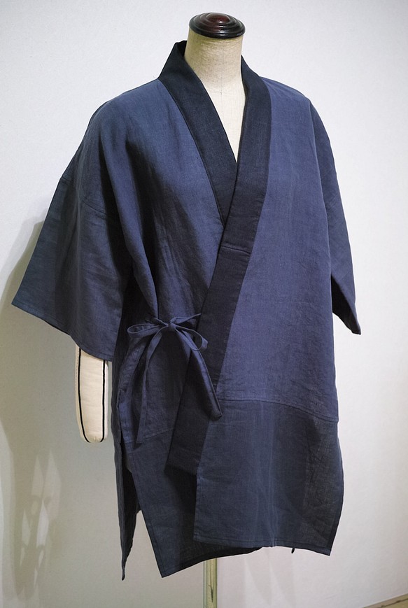 リネン製・着物風作務衣シャツ上着（ブルー） 1枚目の画像