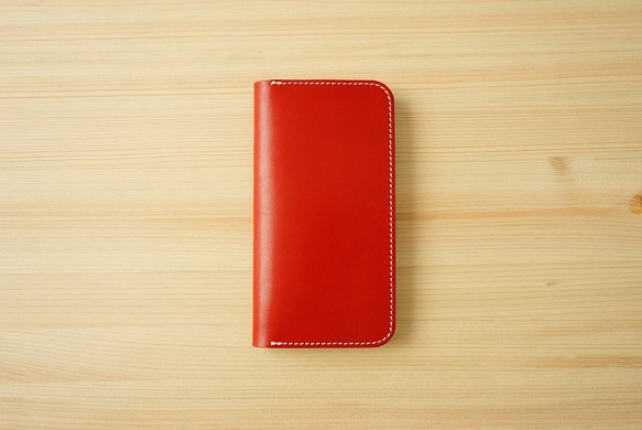 牛革 iPhone 11 カバー  ヌメ革  レザーケース  手帳型  レッドカラー 1枚目の画像