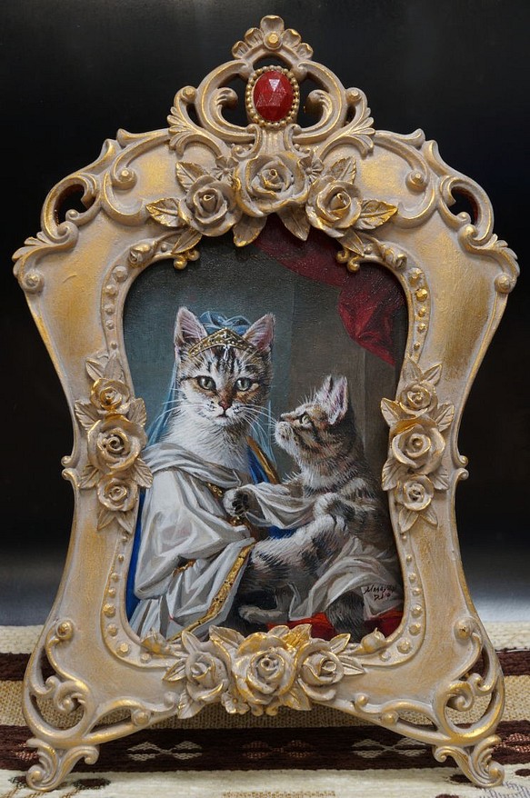 アクリル画　猫の絵　猫貴族「オーガスタネコ　オブ　ハノーバー親子」フォトスタンド型額付き