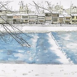 ご予約品「水彩画ミニアート」京都 雪の鴨川 1枚目の画像