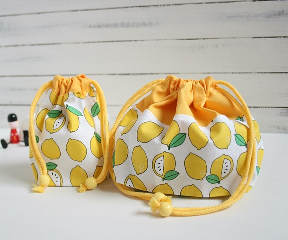 入園入学準備　レトロなレモンのお弁当袋とコップ袋 1枚目の画像