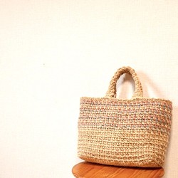 手工染色的麻線籃子袋卡其色x粉色圖案編織袋M尺寸[定做] 第1張的照片