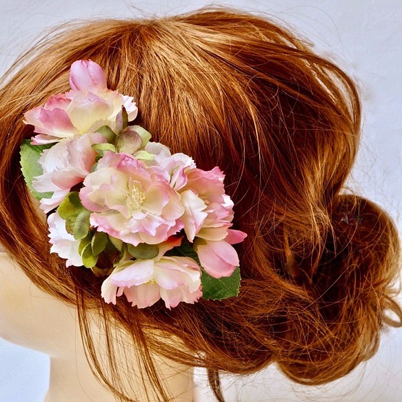 さくらと紫陽花の髪飾り【 送料無料 】造花 ピンク ウェデイング プレ花嫁 桜 サクラ ヘッドコサージュ 組みヘッド 1枚目の画像