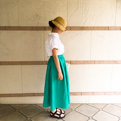 翡翠綠/彩色亞麻褶襉聚攏裙 第1張的照片