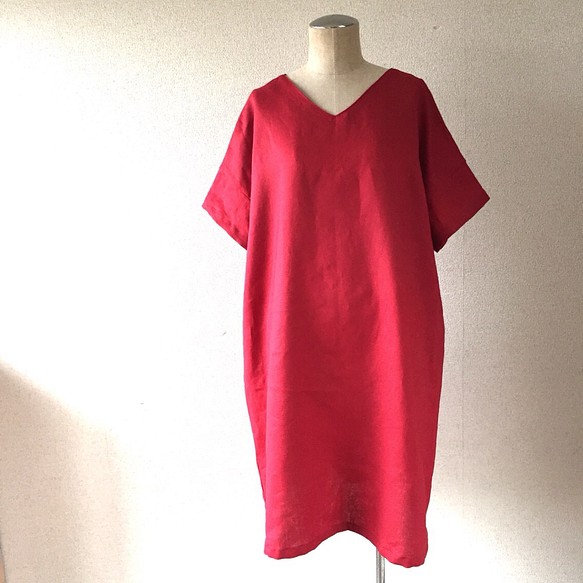 紅色/亞麻簡約連衣裙 第1張的照片
