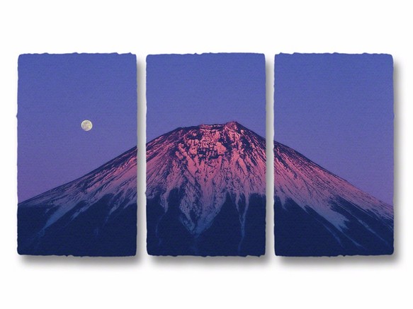 和紙の立体アートパネル「満月と夕照の赤富士」(28x48cm)おしゃれなインテリアアートのプレゼント 1枚目の画像