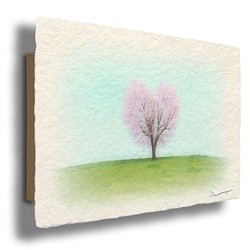 手すき和紙 アート 木製 パネル (48x27cm) 「丘の上のハートの桜の木」 インテリア おしゃれ 壁掛け 1枚目の画像