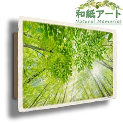 手すき和紙 アート パネル (48x33cm) 「太陽と新緑の雑木林と若葉」 インテリア おしゃれ 壁掛け 1枚目の画像