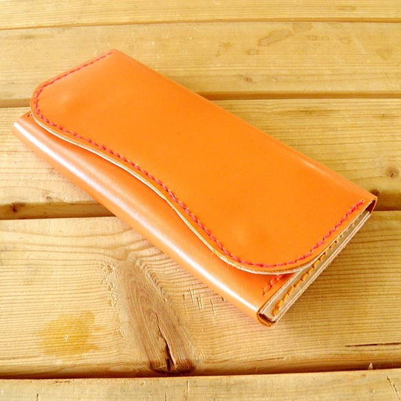 レザー　オレンジロング二つ折り財布 1枚目の画像