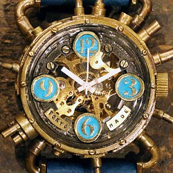 スチームパンク機械式腕時計 クロノマシーン 真鍮 ターコイズブルー 自動巻 1枚目の画像