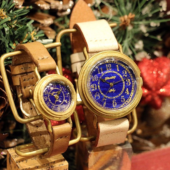【ペアウォッチ】美しいプルシャンブルーの文字盤が印象的な手作り腕時計 LとSS 2本セット 1枚目の画像