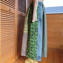 緑系　ウールの着物をパッチしたギャザースカート　着物リメイク 1枚目の画像