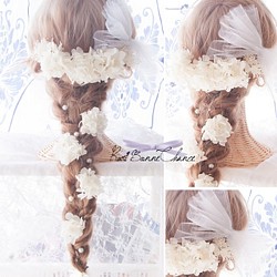 チュールリボン付～White Flower～本物紫陽花のヘッドドレス～髪飾り　ウェディング　 1枚目の画像