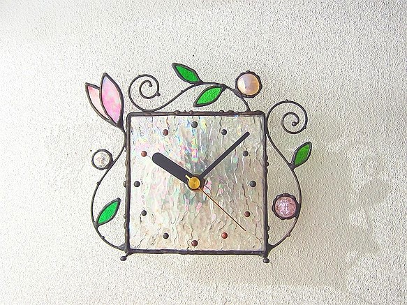 ステンドグラス*掛け＆置き時計・アラベスク・オーロラピンク2 1枚目の画像