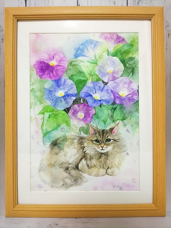 絵画 水彩イラスト 猫と朝顔 額縁付き 送料無料 絵画 あまね ゆう 通販 Creema クリーマ ハンドメイド 手作り クラフト作品の販売サイト