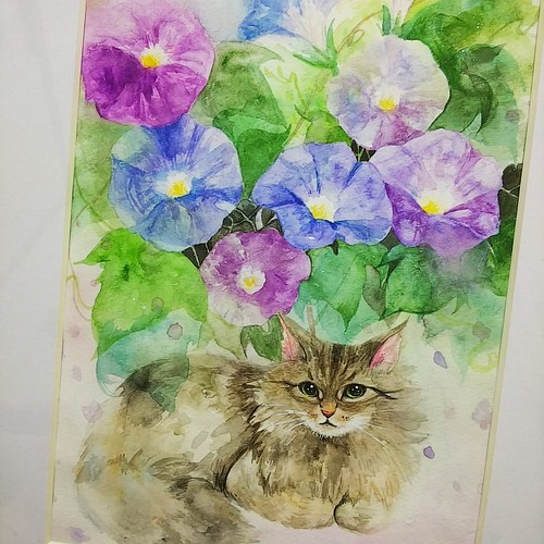 絵画 水彩イラスト 猫と朝顔 額縁付き 送料無料 絵画 あまね ゆう 通販 Creema クリーマ ハンドメイド 手作り クラフト作品の販売サイト