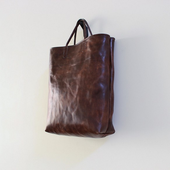 hand stitch + antique dark brown leather tote bag 1枚目の画像