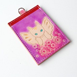 C  定期入れ　天使猫　ネコ　猫柄　スイカ　イコカ　パスケース  　革製品　皮のパスケース　　 1枚目の画像