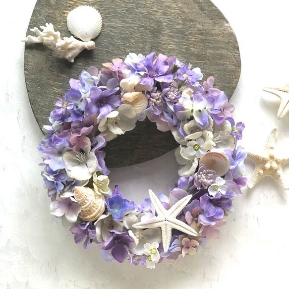 海の星のリース　藤色の花々と貝殻　 1枚目の画像