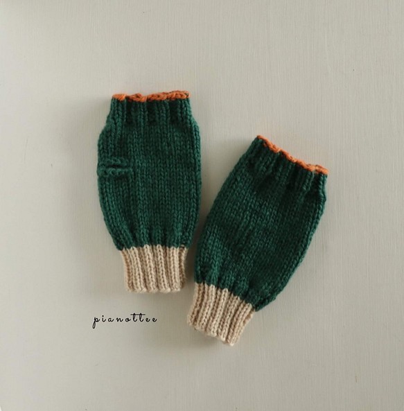 指なし手袋(緑×ミルク×オレンジ) M 1枚目の画像